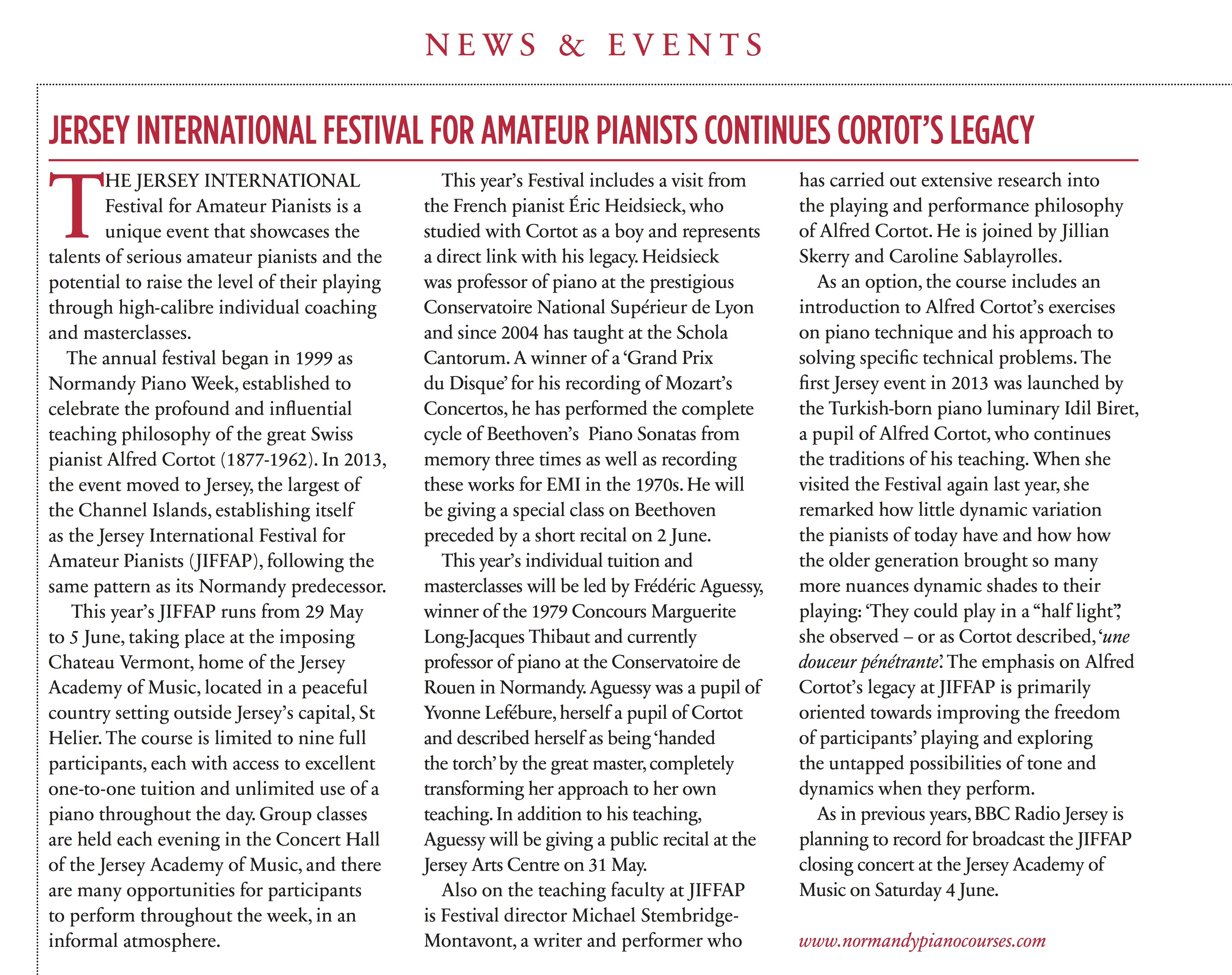 International Piano (May/June 2016) - Jersey International Festival for Amateur Pianists Continues Cortot’s Legacy